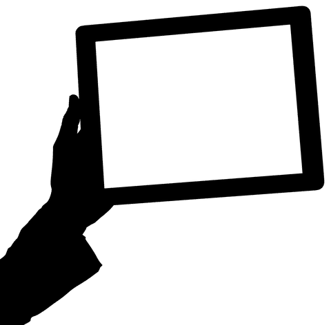 Hand holding tablet device with copy space on transparent background