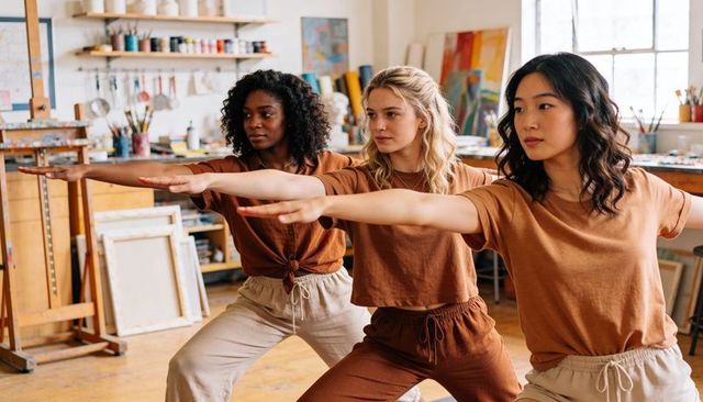 Practicing lunges in art studio by diverse women blending movement and creative focus