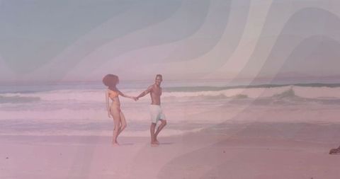 Strolling Couple Embracing Serene Beach Bliss on a Sunny Day