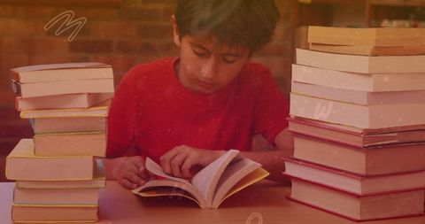 Young Boy Immersed in Reading Books Among Stacks - Download Free Stock Images Pikwizard.com