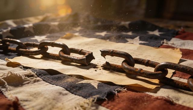 Broken rusted chain lying across worn american flag over historic parchment, sunlit freedom