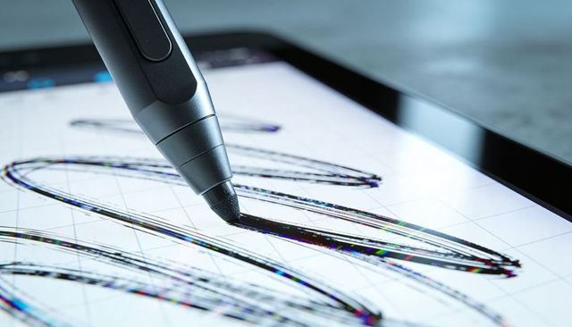 Close-up stylus drawing black strokes on tablet screen with RGB fringe and reflections