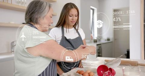 Grandmother guiding granddaughter cracking eggs mixing batter in kitchen with AR HUD