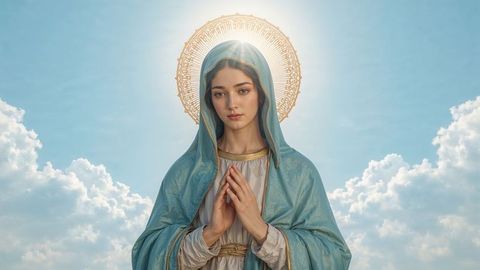 The virgin mary divine figure in blue mantle beneath serene cloudy sky