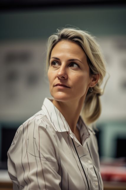 This image features a professional woman with blonde hair, looking thoughtfully in an office environment. It is perfect for use in articles about business, leadership, career growth, and workplace dynamics. The serious and contemplative expression on her face makes it suitable for corporate presentations, professional profiles, or recruitment materials.