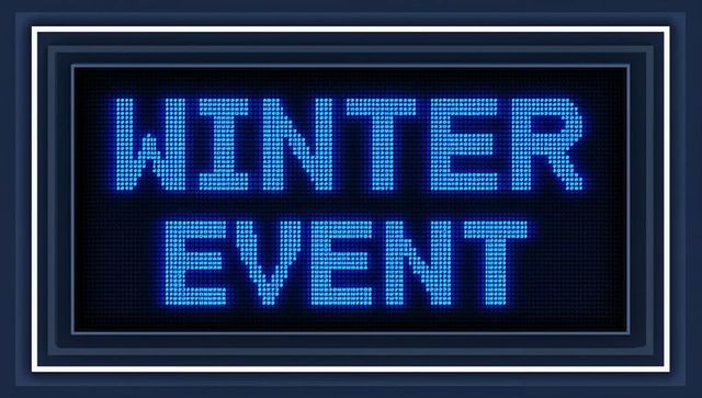 Glowing blue led dot-matrix winter event marquee in layered framed neon panel with pixel glow