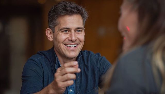 Smiling man leaning forward and reaching out in cozy cafe conversation