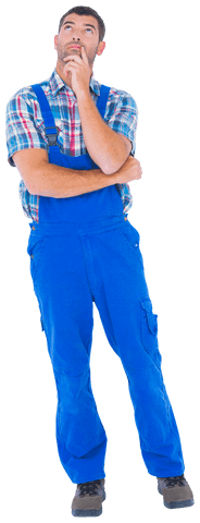 Thoughtful Handyman in Blue Overalls Contemplating Concepts Transparent - Download Free Stock Videos Pikwizard.com