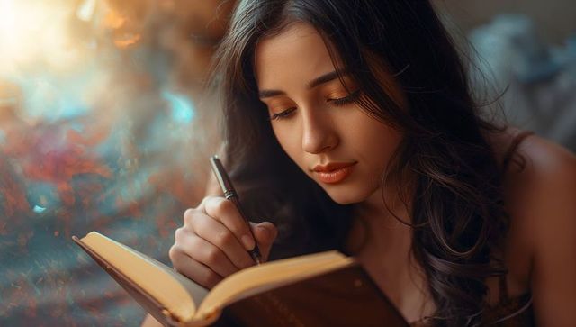 Woman writing in leather-bound notebook with silver pen