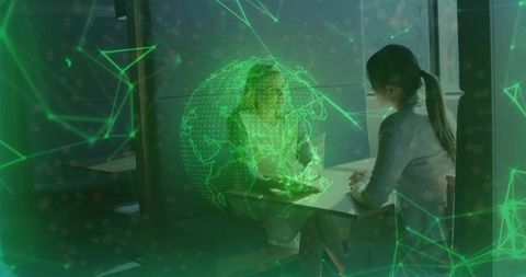 Executives Discuss Holographic Globe in Modern Office Setting