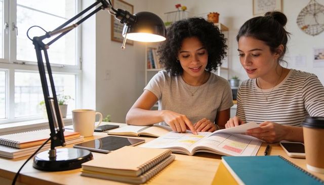 Two Young Women Studying Together at Home Desk, Collaborating with Textbooks and Planners