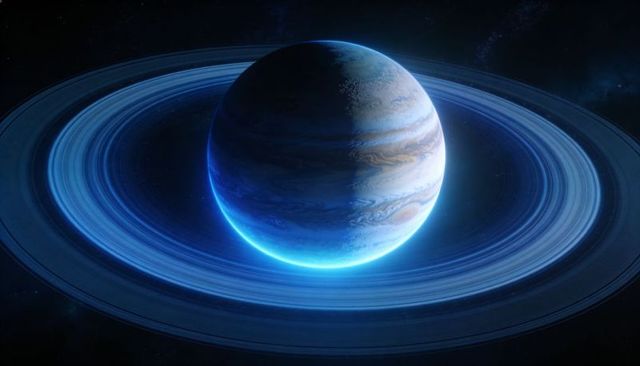 Blue ringed gas giant with dramatic terminator and expansive ice rings over starfield
