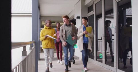 Diverse Group of Students Chatting on University Corridor