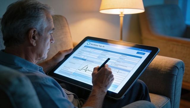 Senior man holding large tablet filling digital medical form with stylus in living room