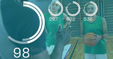 Coach gesturing to players with digital analytics overlay on indoor basketball court