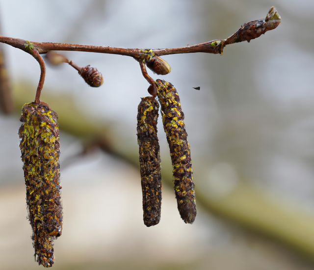 Close-up of Alder tree catkins hanging on branches during early spring. The focus is on the textures and buds as they emerge. Suitable for use in botanical studies, nature-focused content, or seasonal changes articles.