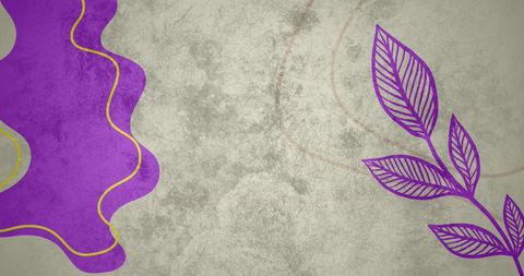 Abstract Purple Shapes and Botanical Leaves on Gray Background
