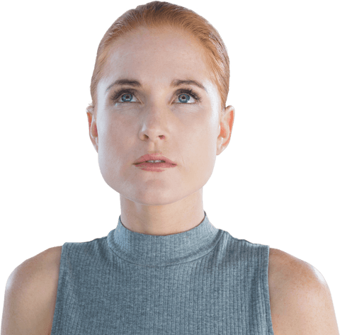 Transparent insightful redhead woman conceptualizes ideas