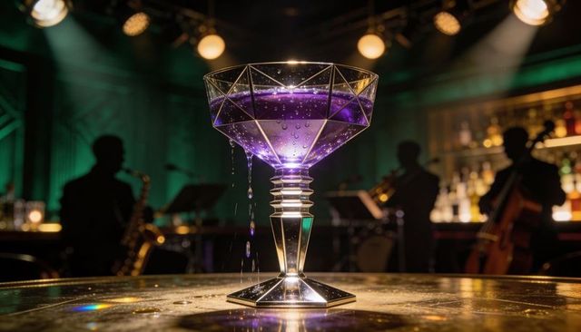 Art deco crystal coupe glowing with violet cocktail on wet table in moody jazz lounge