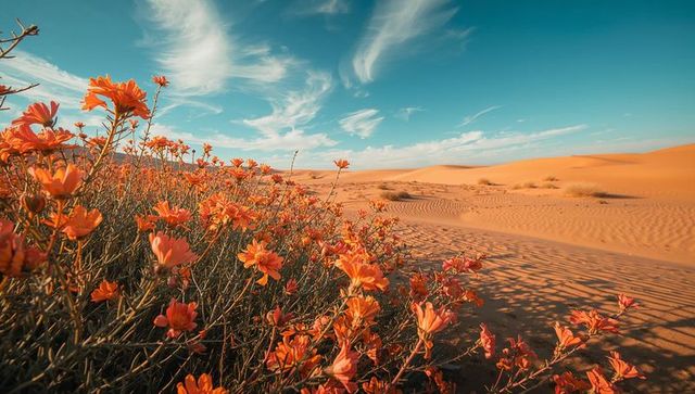 Desert wildflowers blooming on sand dune edge under turquoise sky and golden light