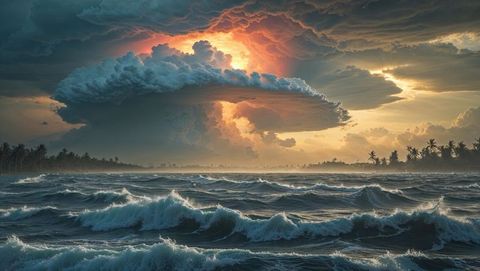 Dramatic storm over bay of bengal tropical coast at sunset