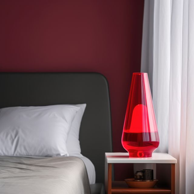 Modern bedroom features red lava lamp on nightstand, creating cozy decor element. Ideal for contemporary home decor ideas, lighting inspiration, or stylish bedroom scenes in catalogs and design blogs.