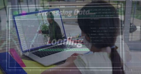 Girl Engaged in Virtual Learning with Financial Data Overlay