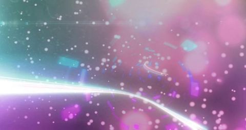 Luminous ribbon arcing across abstract digital space with bokeh particles and hexagon lights