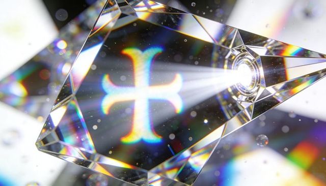 Prism projecting rainbow cross glyph through faceted crystal with spectral light beams