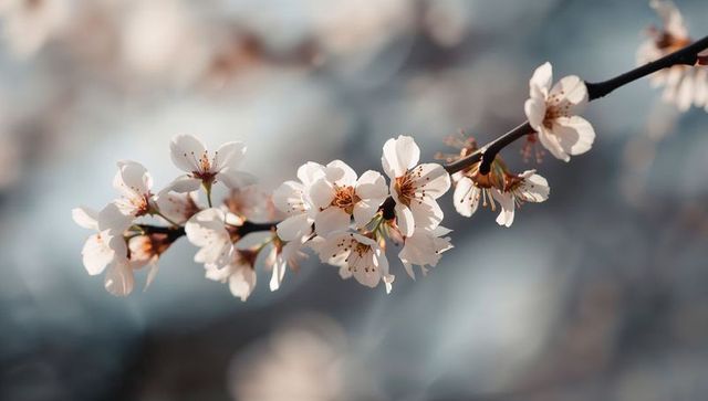 Cherry Blossom Branch with Delicate Pink-White Flowers in Soft Pastel Bokeh