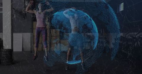 Athletic duo performing plyometric vertical jumps in industrial gym with globe overlay