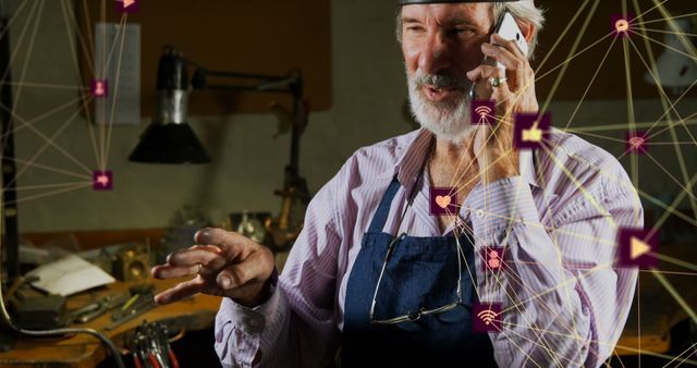 Senior Craftsman with Smartphone and Technology Overlay Network - Download Free Stock Images Pikwizard.com