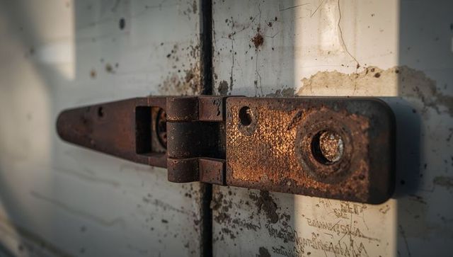 Rusting metal hasp showing textured corrosion on weathered white door closeup