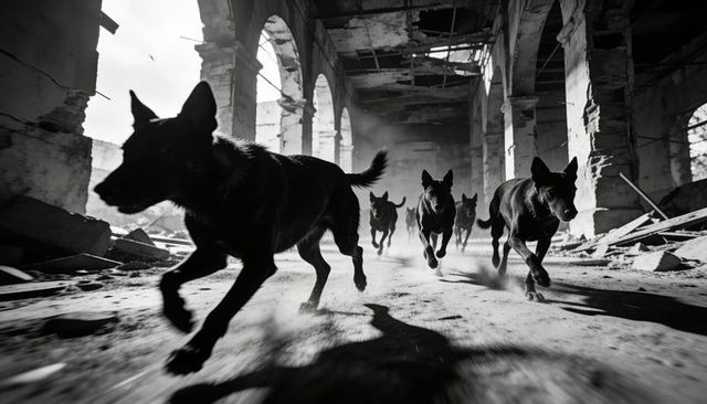 Black dogs running through abandoned arched ruins, dust kicking and dramatic backlight