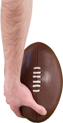 Sportsman's hand holding rugby ball on transparent background