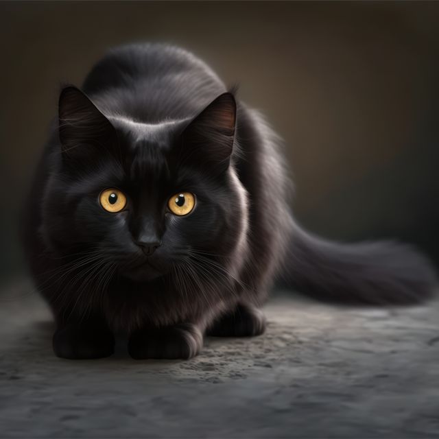 Black cat with yellow eyes on black background created using generative ai technology. Animals, pets and nature concept digitally generated image.