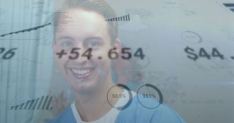 Smiling Doctor Overlaid with Financial Data and Global Healthcare Concept
