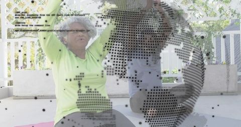 Seniors stretching on sunny veranda with digital globe overlay for active aging wellness