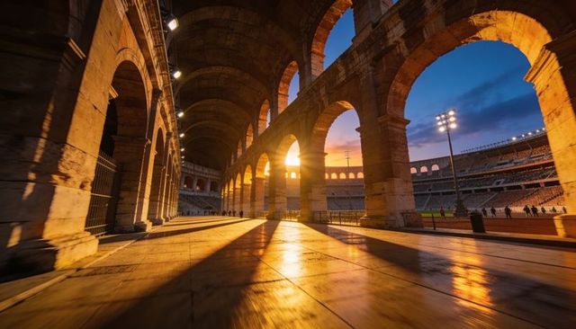 Sunset light streaming through colosseum arches along arcaded walkway