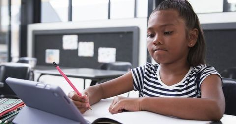 Focused student utilizing technology for learning in classroom