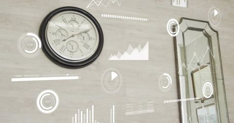 Displaying analog wall clock with data overlays and mirror reflection for time management