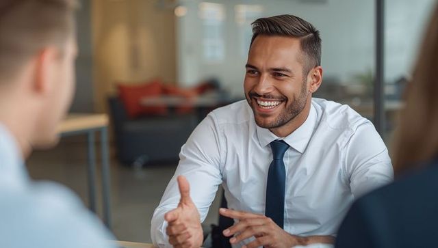 Confident businessman smiling and gesturing in office meeting showing leadership teamwork
