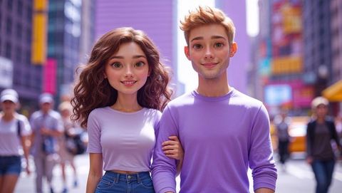 Charming animated cute couple on busy city streets