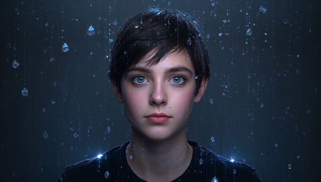 Moody studio portrait teen girl with blue eyes, wet shirt and falling water droplets