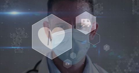 Masked male doctor standing with holographic healthcare interface and heart monitor glyphs