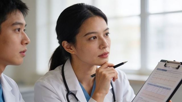 Female physician reviewing ecg clipboard with colleague, studying cardiac charts in clinic