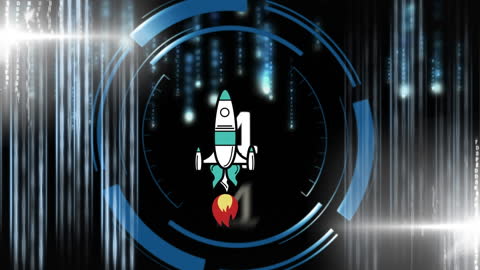 Digital Countdown with Rocket Animation and Light Streaks