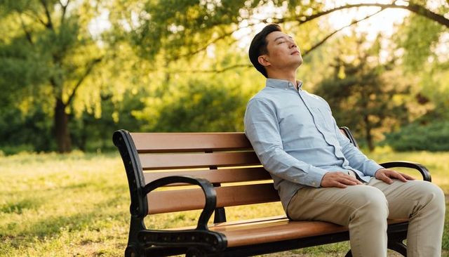 Asian man relaxing on park bench under dappled sunlight in tranquil urban park morning