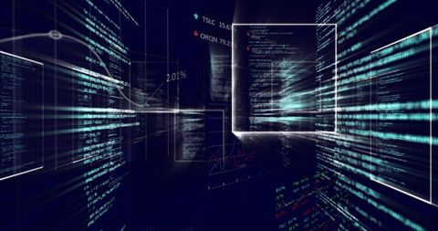 Glowing Code Panels Floating Through Neon Data Tunnel with Stock Tickers and Analytics