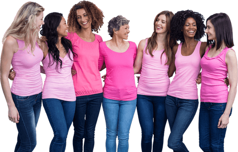 Diverse women smiling in pink breast cancer support concept transparent background